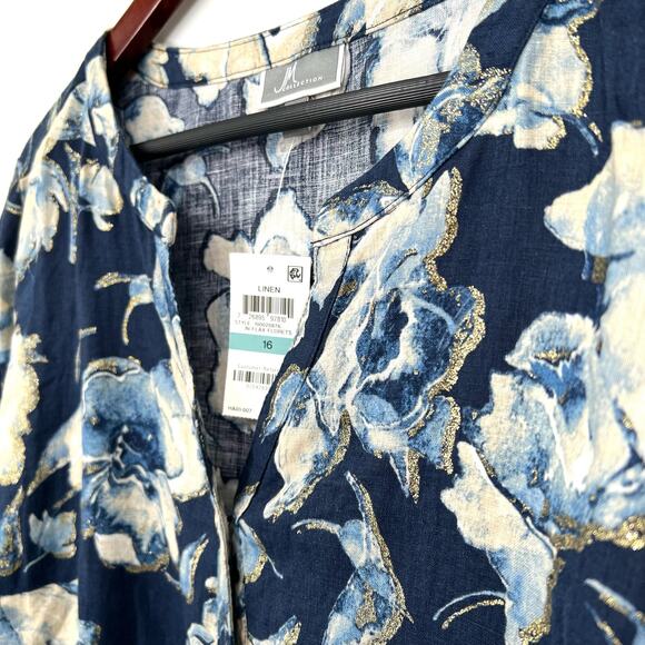 NEW NWT JM Collection SZ 16 100% LINEN Metallic Sparkly Blouse Shirt Top Blue - Picture 4 of 13